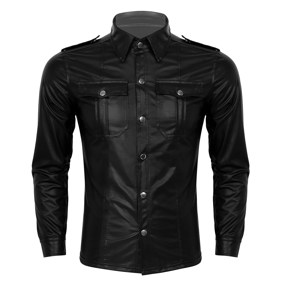Fashion Nightclub Wear Men Men's Dress Shirts Trend Wet Look Patent Leather Long Sleeve Slim Fit T-shirt Top Coat Cosplay