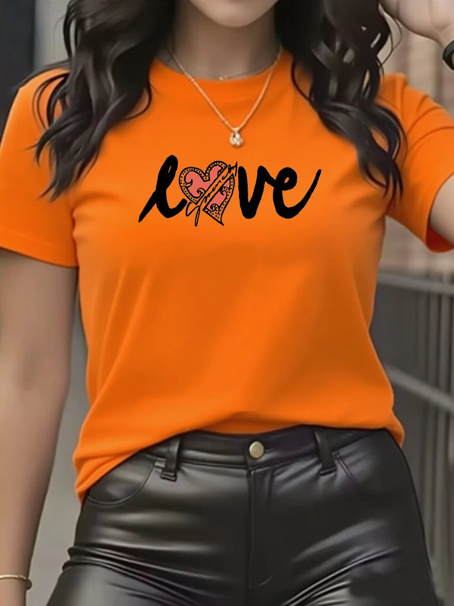 Summer women's fashionable 100% cotton comfortable casual LOVE letter pattern sports round-neck short-sleeved T-shirt top