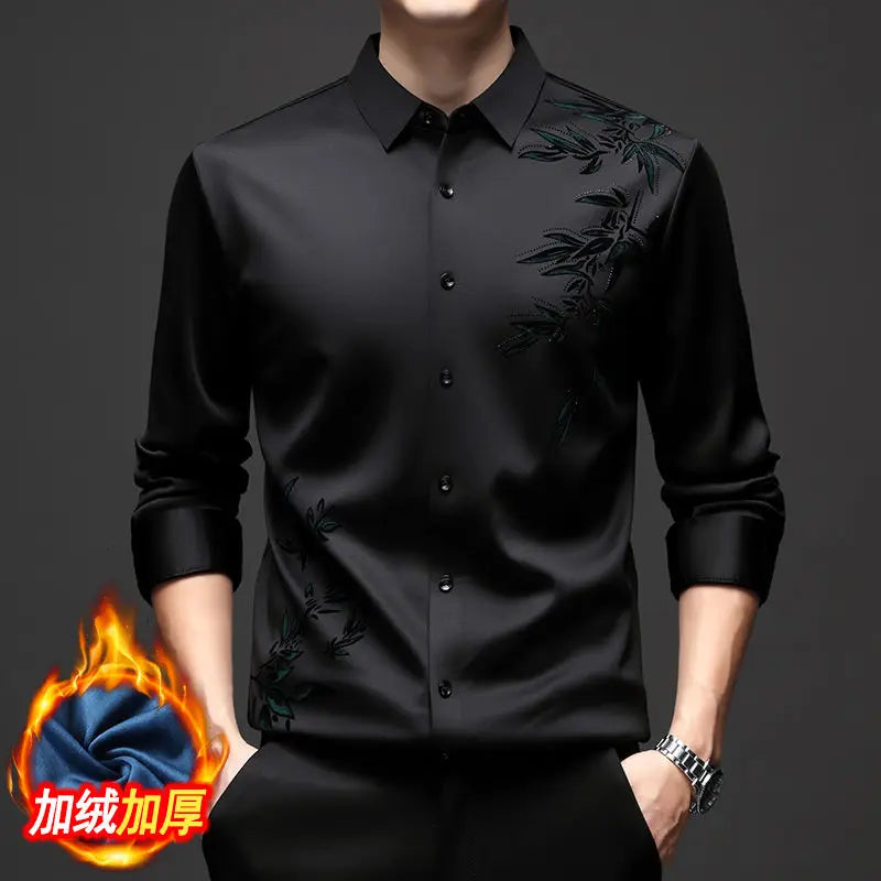 Autumn Winter Plus Fleece Men Shirts Printing Anti-Wrinkle Thermal Turn-down Collar Long Sleeve Banquet Single-breasted Tops