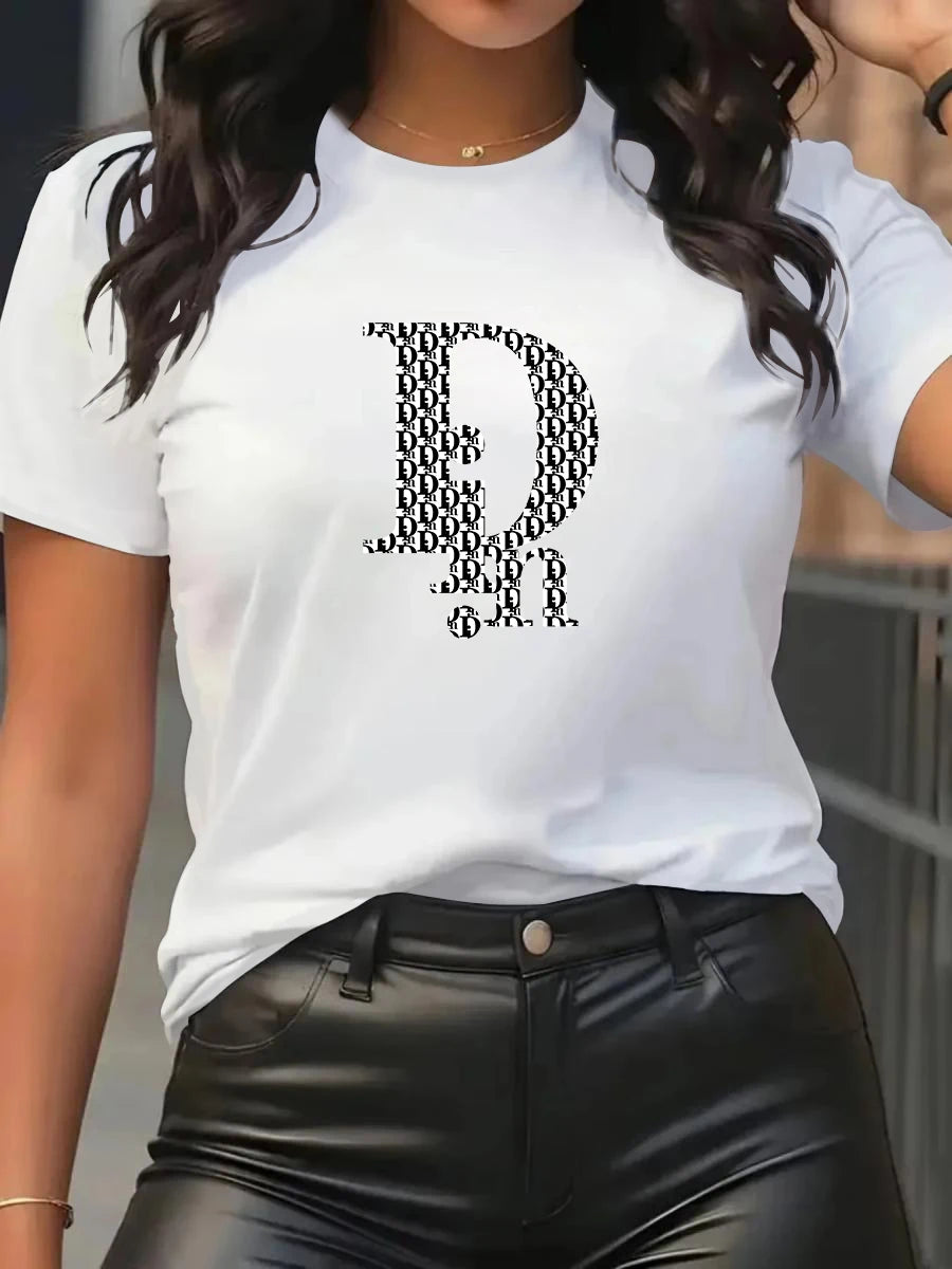 Din Women's T-Shirt Fashion Casual Crew Neck Short Sleeve Cotton Tees Tops Summer Streetwear Luxury Brand T-shirt