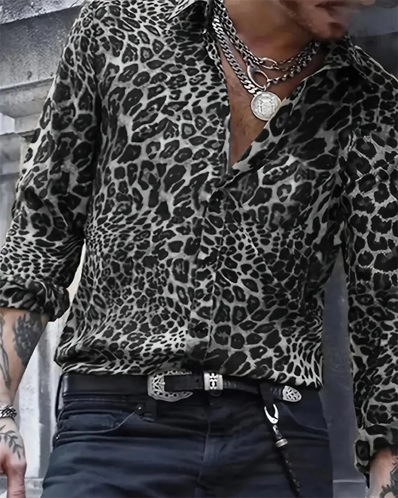 2024 Fashion Leopard Print Men's Long Sleeve Shirt Fashion Casual Button Lapel Tops Men's Spring Autumn Top Men's Shirt