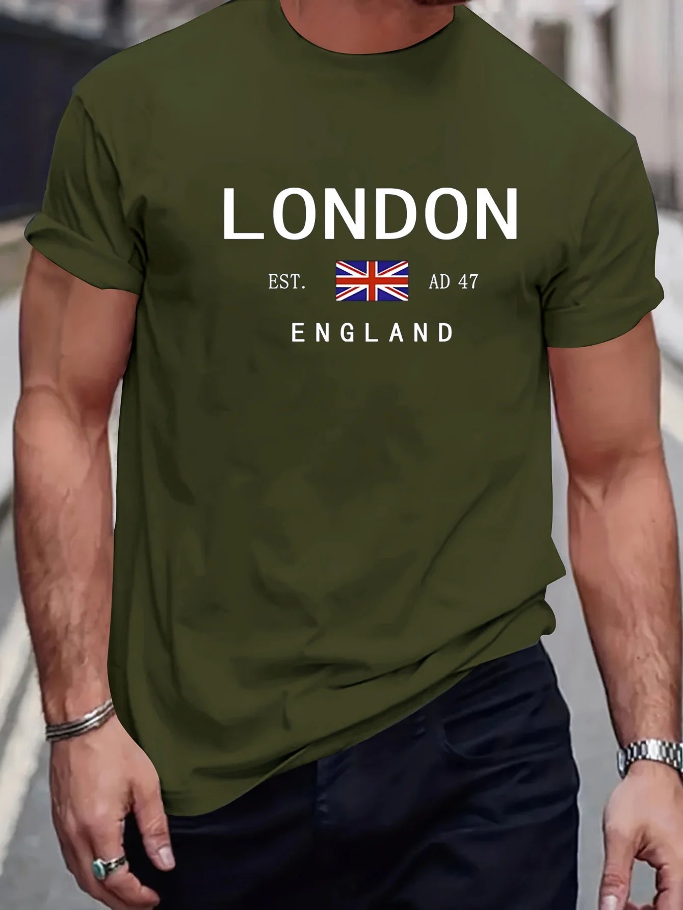 Summer men's 100% pure cotton casual loose plus size London England pattern printed round neck short sleeved T-shirt top