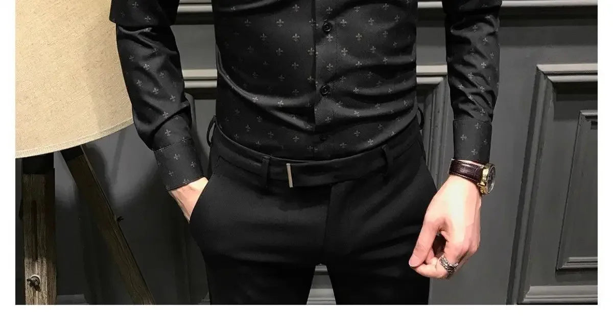 New Spring Autumn Printed Fashionable Men's Long-sleeved Shirts Slim Shirts Trendy Casual Business Tops No Ironing Anti-wrinkle