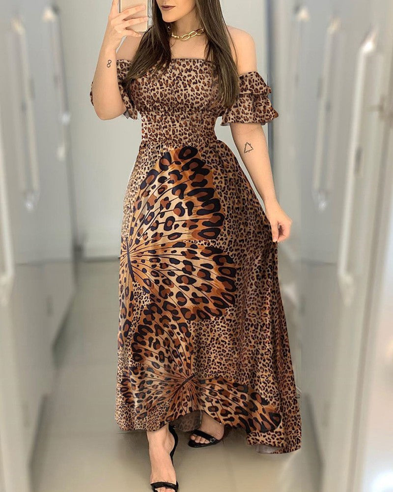 Boho Leopard Dress Women Off Shoulder Ruffle Sleeve Summer Dress Sexy Strappy Slash neck Vestido Long Sundress Party Dresses