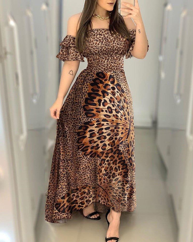 Boho Leopard Dress Women Off Shoulder Ruffle Sleeve Summer Dress Sexy Strappy Slash neck Vestido Long Sundress Party Dresses