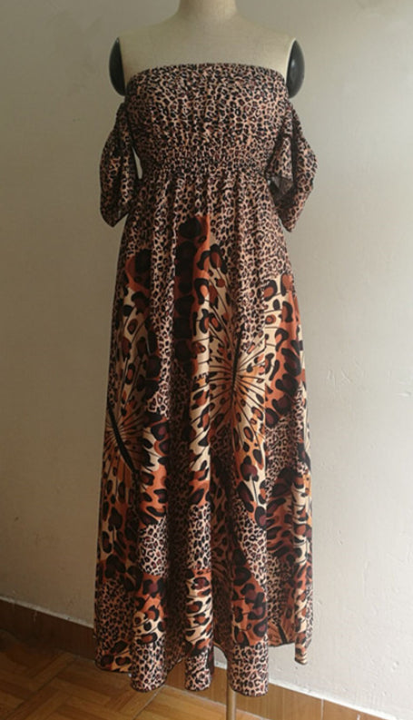 Boho Leopard Dress Women Off Shoulder Ruffle Sleeve Summer Dress Sexy Strappy Slash neck Vestido Long Sundress Party Dresses