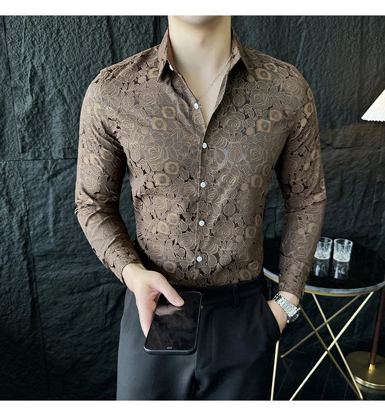 Camisas De Hombre Men Fashion Long Sleeve Jacquard Shirt High Quality Luxury Business Slimming Social Elegant Dress Casual Shirt