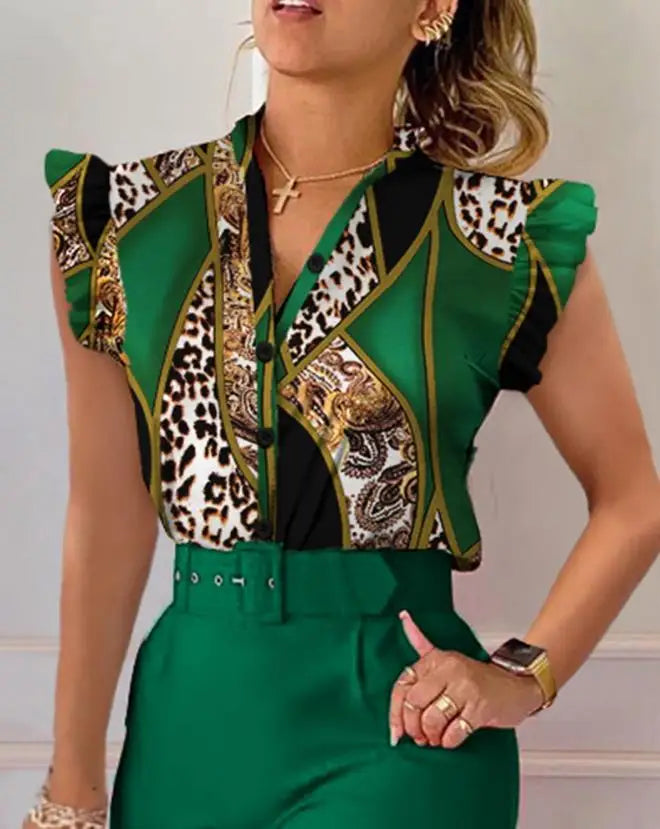 Women's Pant Set 2023 Summer Fashion Geometric Print Ruffle Sleeve Top and Pants Set with Belt Elegant Office Suit