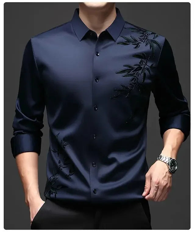 Autumn Winter Plus Fleece Men Shirts Printing Anti-Wrinkle Thermal Turn-down Collar Long Sleeve Banquet Single-breasted Tops