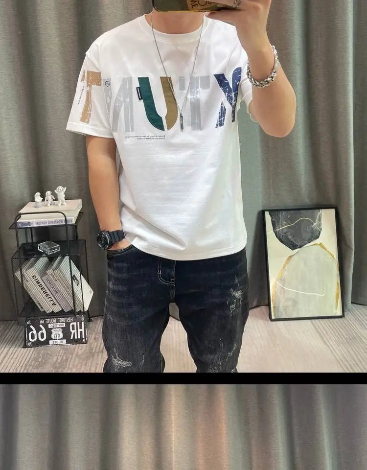 2023 Summer New Fashion Street Letter Printing T-Shirts Man Korean Style Round Neck Short Sleeve Loose Casual Cotton Pullovers