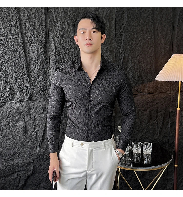 Camisas De Hombre Men Fashion Long Sleeve Jacquard Shirt High Quality Luxury Business Slimming Social Elegant Dress Casual Shirt