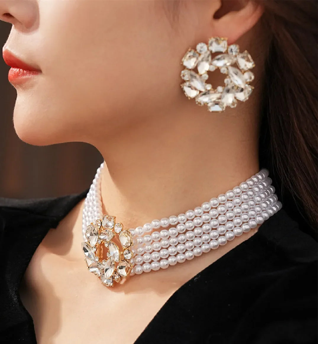 Luxury 5 Layer Pearl Necklace Set with Round Crystal Earrings Elegant Jewelry for Women Perfect for Parties Weddings Holidays