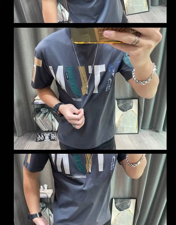 2023 Summer New Fashion Street Letter Printing T-Shirts Man Korean Style Round Neck Short Sleeve Loose Casual Cotton Pullovers