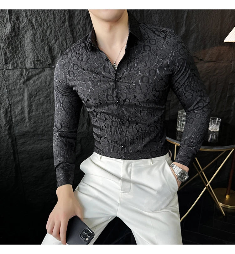 Camisas De Hombre Men Fashion Long Sleeve Jacquard Shirt High Quality Luxury Business Slimming Social Elegant Dress Casual Shirt