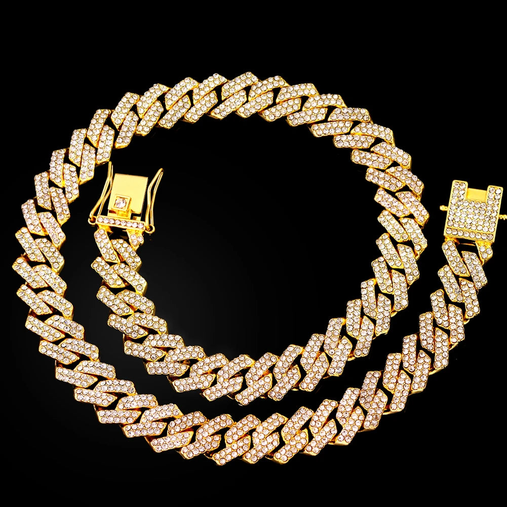 16/18/20/22/24inch Prong Cuban Link Chain for Women Men Iced Out 2 Row Rhinestone Miami Rhombus Hip Hop Cuban Necklaces Jewelry