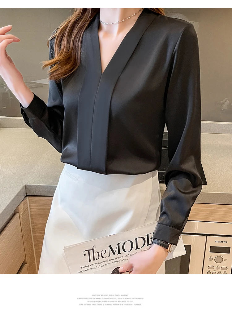 Jielur Elegant Office Lady Work White Blouse Female Fashion Basic Long Sleeve Black Shirt Women Spring Chiffon Tops V-Neck S-XXL