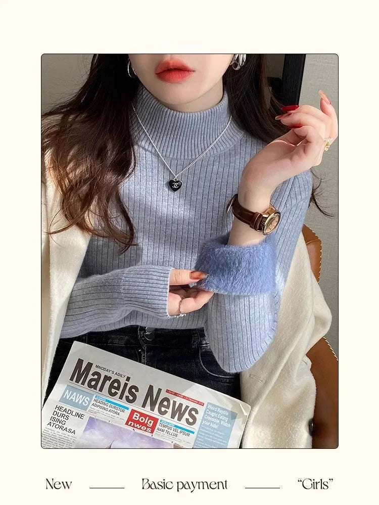 Sweater For Women Winter Thicken Turtleneck Slim Knit Pullover New Warm Plush Velvet Lined Knitwear Jumper Tops Casual Poleras