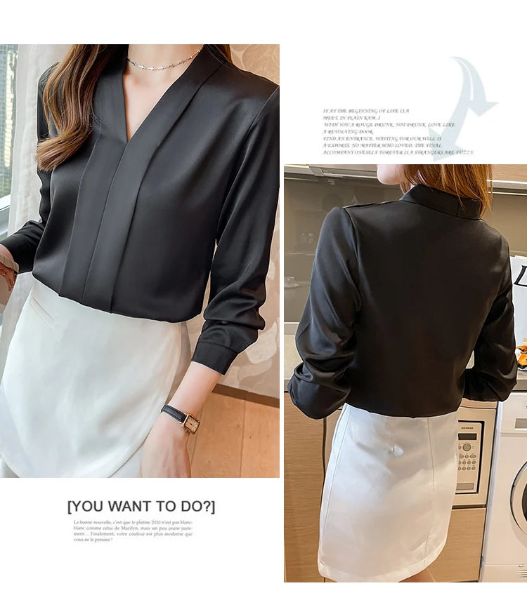 Jielur Elegant Office Lady Work White Blouse Female Fashion Basic Long Sleeve Black Shirt Women Spring Chiffon Tops V-Neck S-XXL