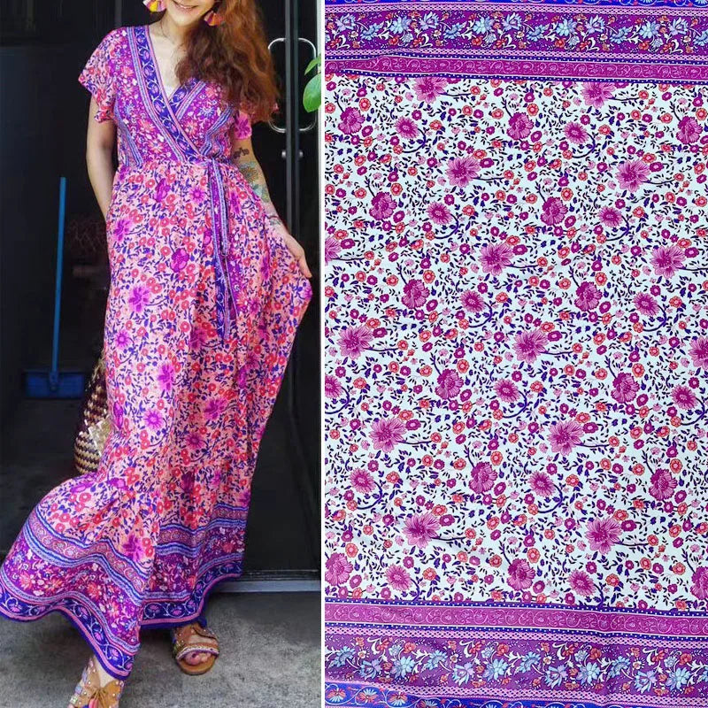 Summer Printed Rayon Fabric Soft Comfortable By The Meter for Women\'s Dress Shirts Diy Sewing Cloth Flowers Breathable Green