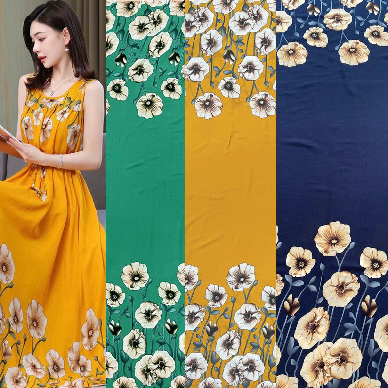 Summer Printed Rayon Fabric Soft Comfortable By The Meter for Women\'s Dress Shirts Diy Sewing Cloth Flowers Breathable Green