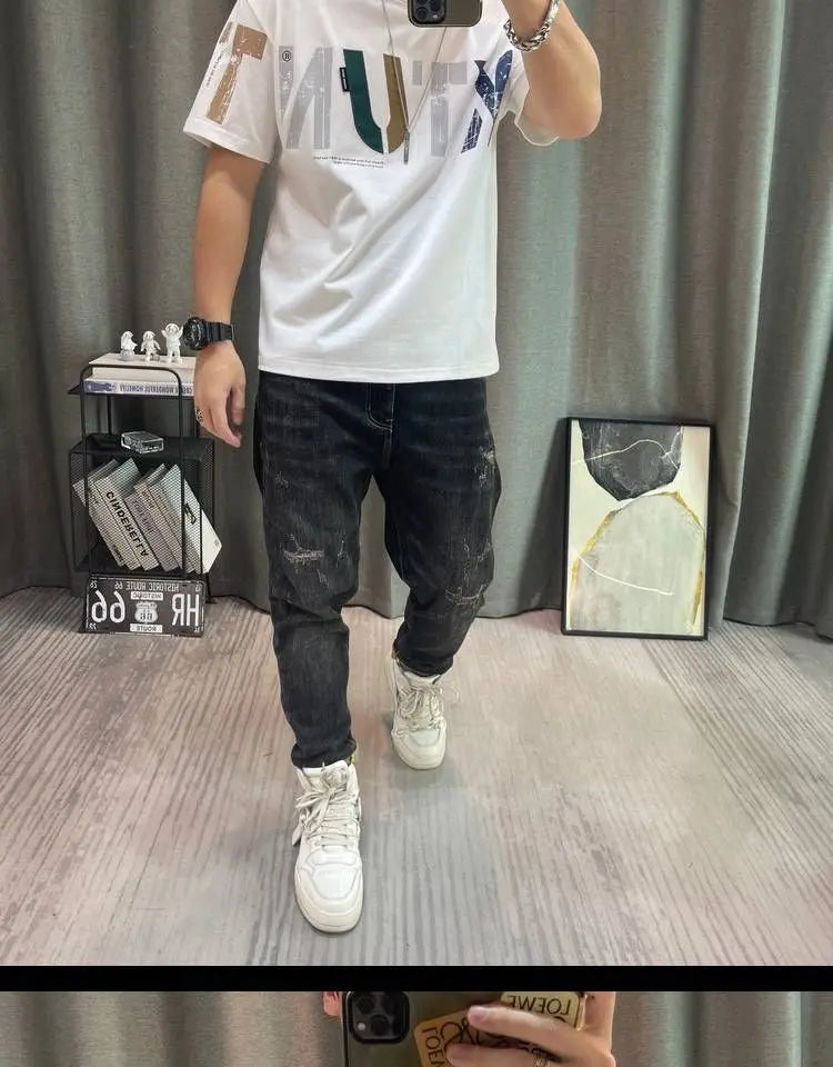 2023 Summer New Fashion Street Letter Printing T-Shirts Man Korean Style Round Neck Short Sleeve Loose Casual Cotton Pullovers