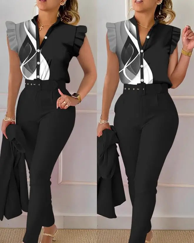 Women's Pant Set 2023 Summer Fashion Geometric Print Ruffle Sleeve Top and Pants Set with Belt Elegant Office Suit