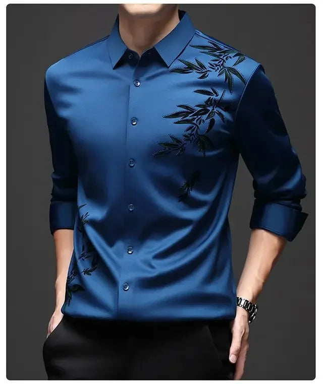 Autumn Winter Plus Fleece Men Shirts Printing Anti-Wrinkle Thermal Turn-down Collar Long Sleeve Banquet Single-breasted Tops