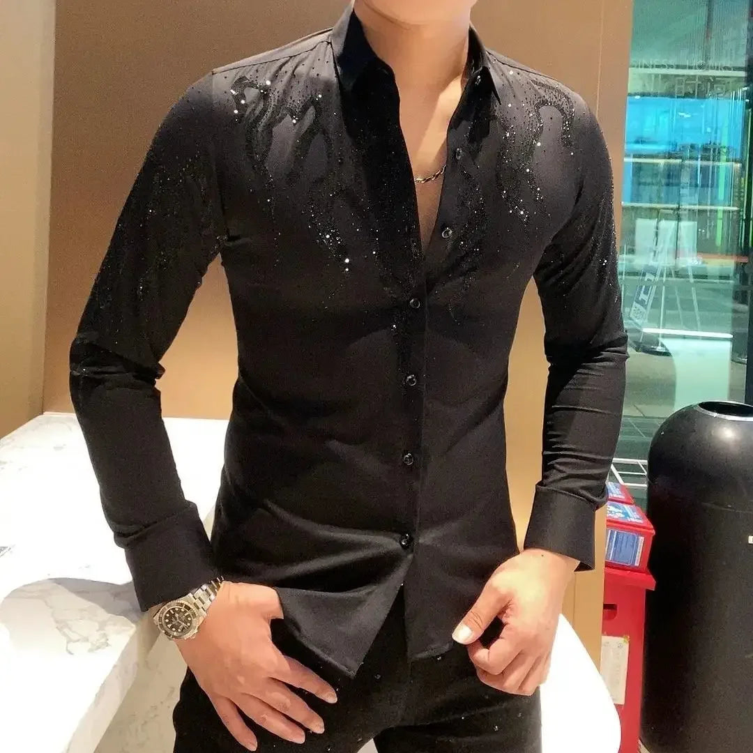Heavy Industry Hot Diamond Shirt Men Spring and Autumn Trendy Slim Versatile Long-sleeved Shirt Trendy Brand Tops