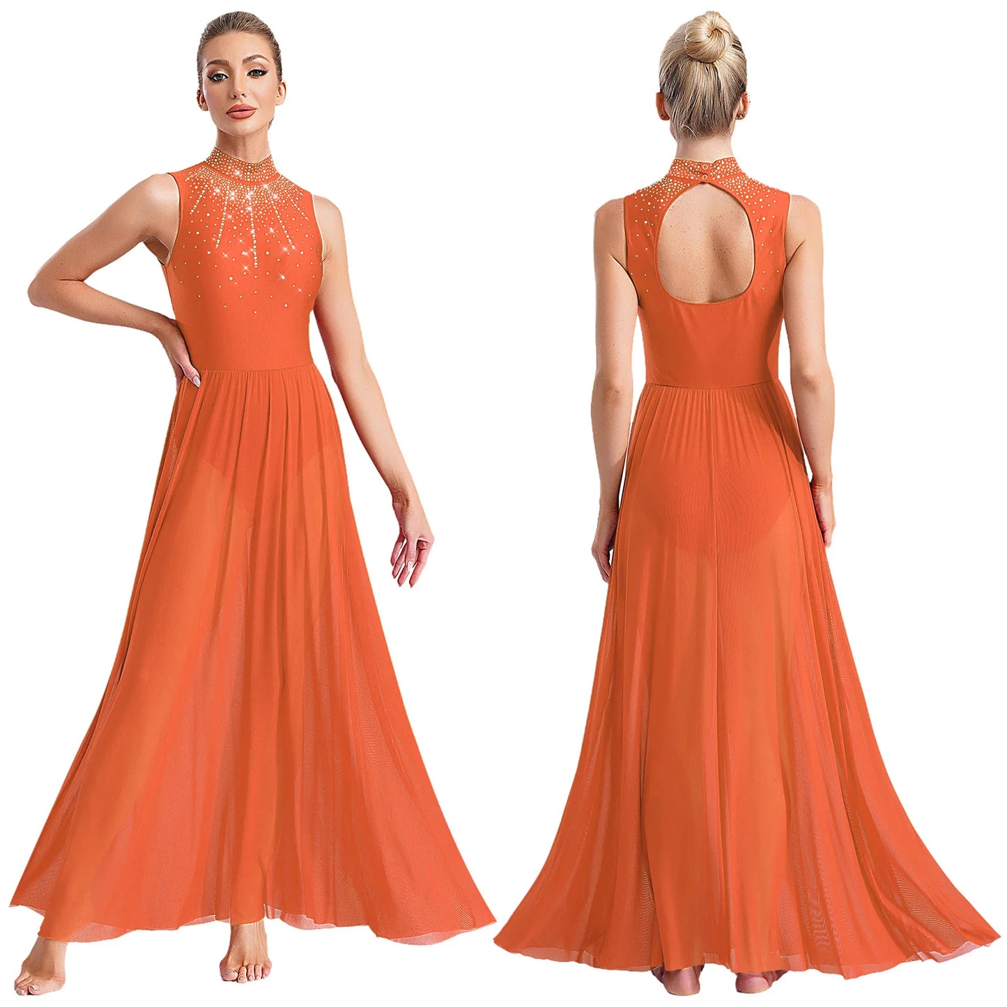 Womens Lyrical Dance Long Dress Cutout Back Full Length Overlay Leotard Costume Lady Latin Rumba Tango Maxi Dress Dancewear