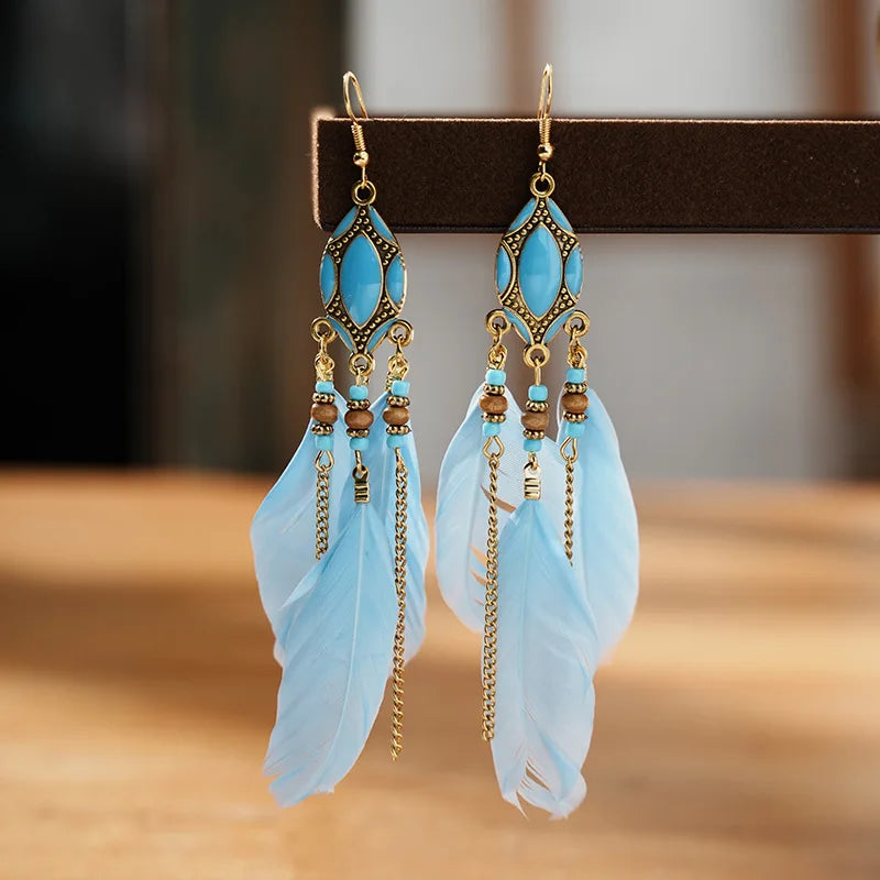 New Ethnic Long Feather Dangle Earrings For Women Bohemian Tassel Beads Handmade Enamel Earrings Girl Bride Wedding Jewelry