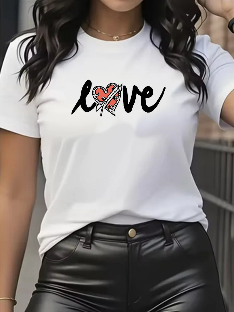 Summer women's fashionable 100% cotton comfortable casual LOVE letter pattern sports round-neck short-sleeved T-shirt top