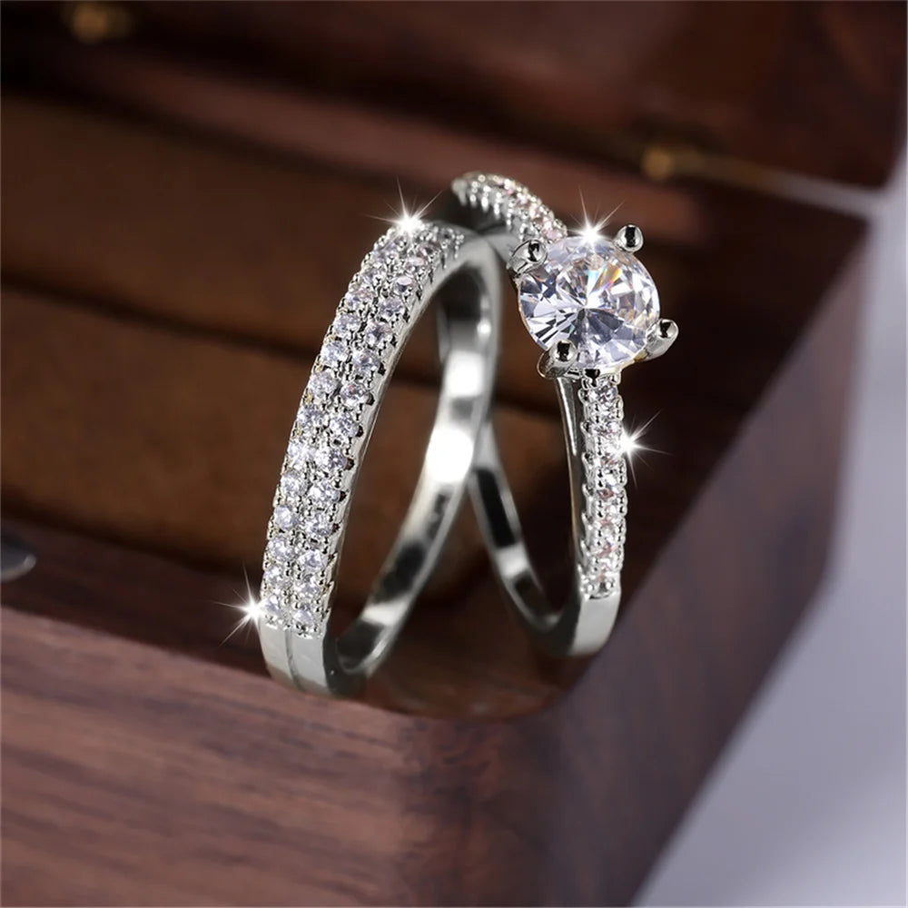 Luxury Female 2pcs Small Round White Zircon Stone Ring Set Promise Gold Color Wedding Engagement Jewelry For Women