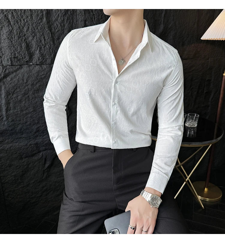 Camisas De Hombre Men Fashion Long Sleeve Jacquard Shirt High Quality Luxury Business Slimming Social Elegant Dress Casual Shirt