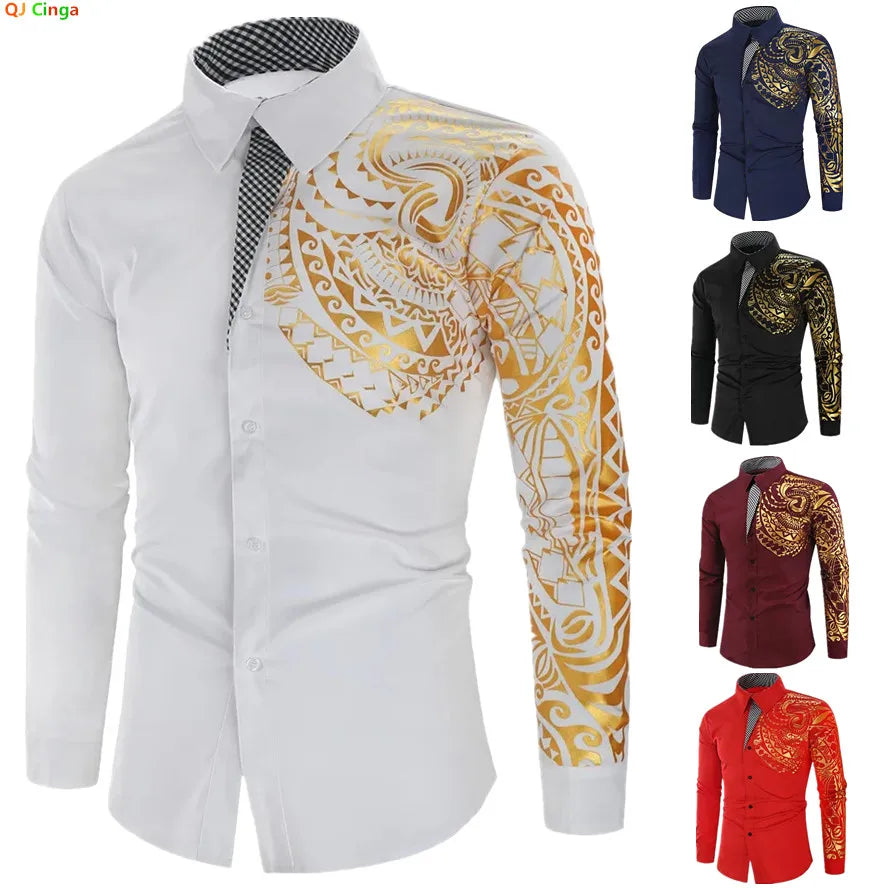 Autumn Men's Red Long-sleeved Shirt with Gold Print Decoration, Asian Size/ Loose Fit White Shirts, Available in Black and Blue.