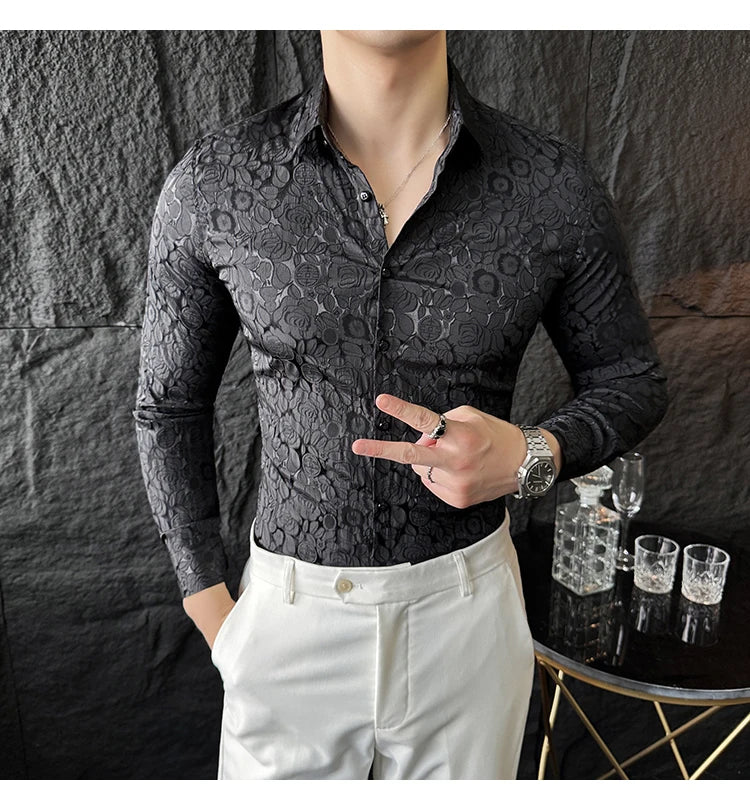 Camisas De Hombre Men Fashion Long Sleeve Jacquard Shirt High Quality Luxury Business Slimming Social Elegant Dress Casual Shirt