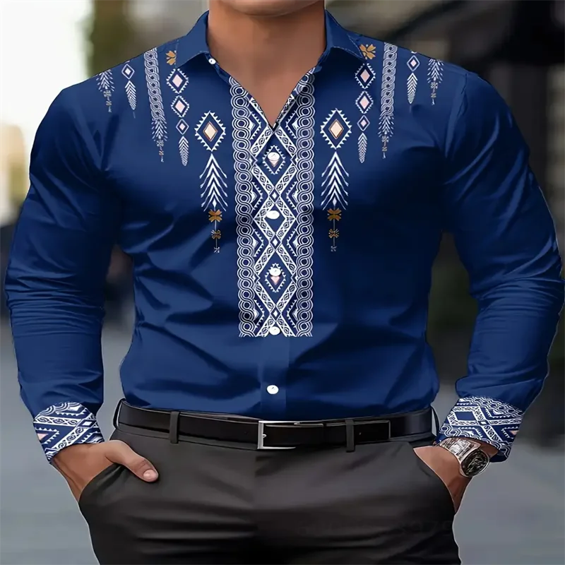 Men's ethnic style printed casual shirt Spring and autumn breathable long sleeve button geometric pattern shirt machine washable