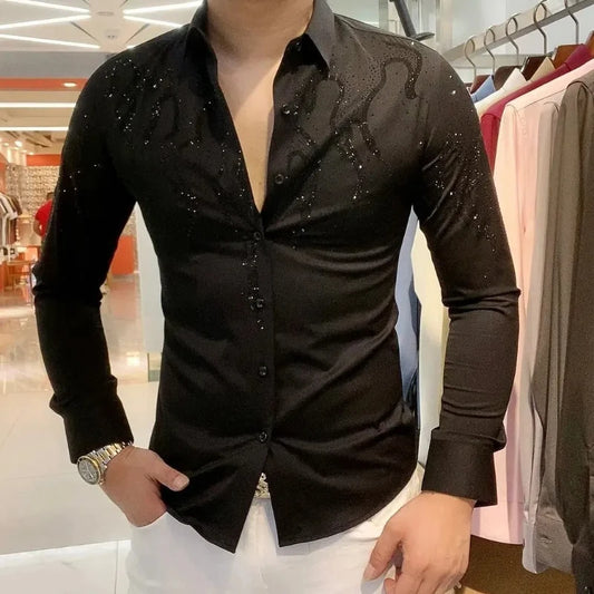 Heavy Industry Hot Diamond Shirt Men Spring and Autumn Trendy Slim Versatile Long-sleeved Shirt Trendy Brand Tops