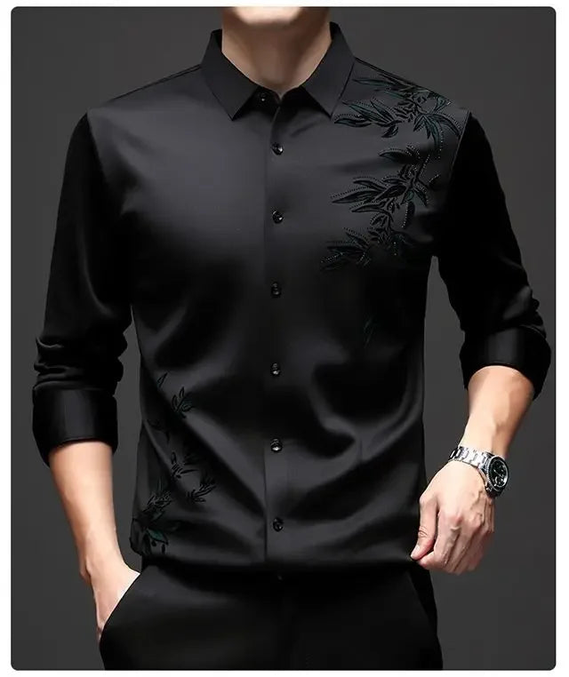 Autumn Winter Plus Fleece Men Shirts Printing Anti-Wrinkle Thermal Turn-down Collar Long Sleeve Banquet Single-breasted Tops