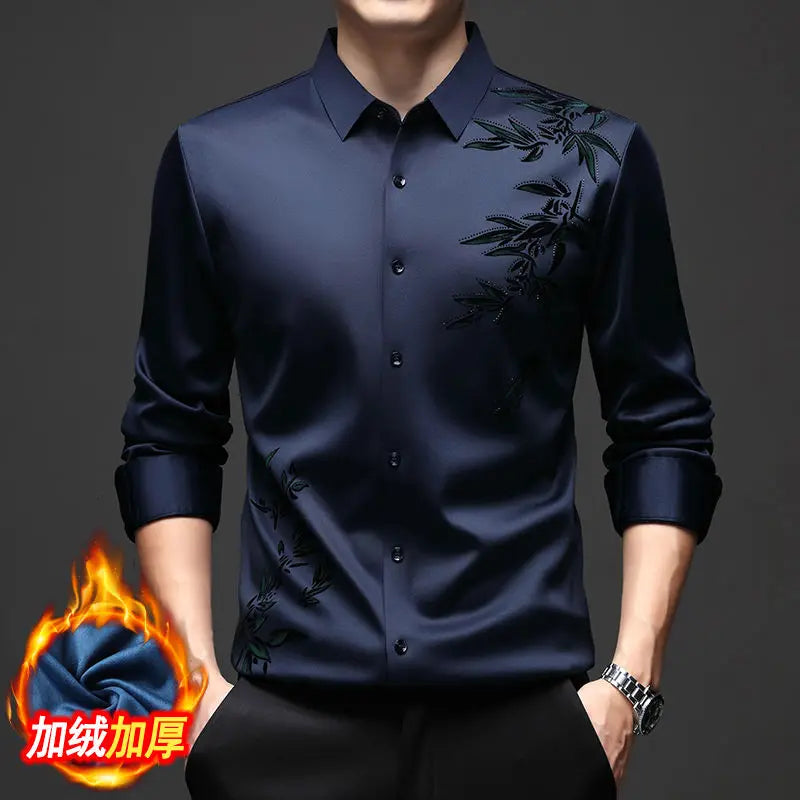 Autumn Winter Plus Fleece Men Shirts Printing Anti-Wrinkle Thermal Turn-down Collar Long Sleeve Banquet Single-breasted Tops