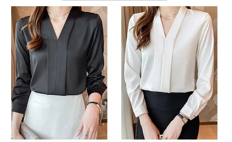 Jielur Elegant Office Lady Work White Blouse Female Fashion Basic Long Sleeve Black Shirt Women Spring Chiffon Tops V-Neck S-XXL