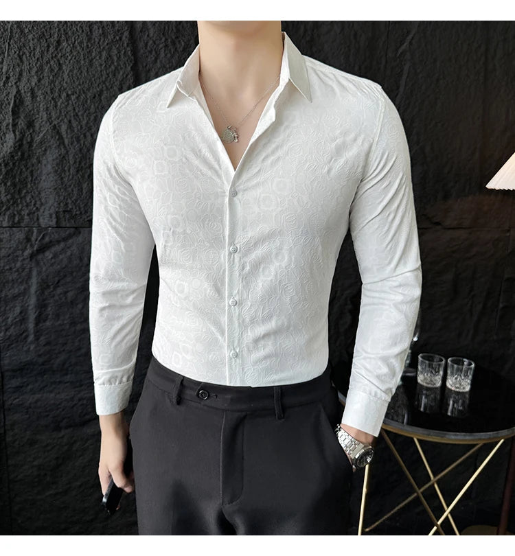 Camisas De Hombre Men Fashion Long Sleeve Jacquard Shirt High Quality Luxury Business Slimming Social Elegant Dress Casual Shirt
