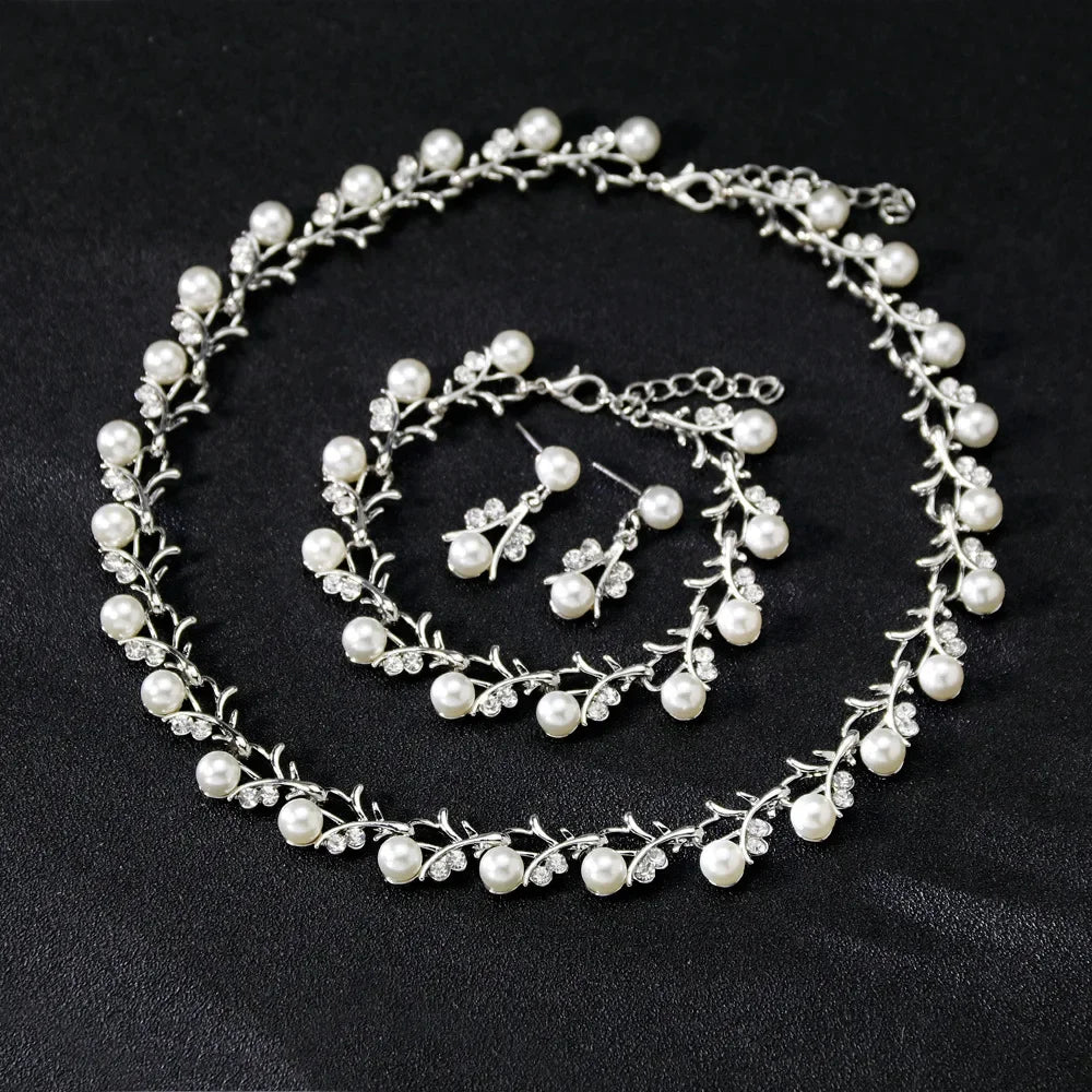 Luxury Imitation Pearl Beaded Necklace Earring Bracelet for Women Exquisite Wedding Bride Crystal Jewelry Sets Party Accesories