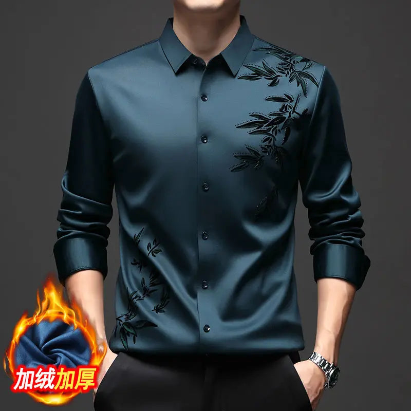 Autumn Winter Plus Fleece Men Shirts Printing Anti-Wrinkle Thermal Turn-down Collar Long Sleeve Banquet Single-breasted Tops