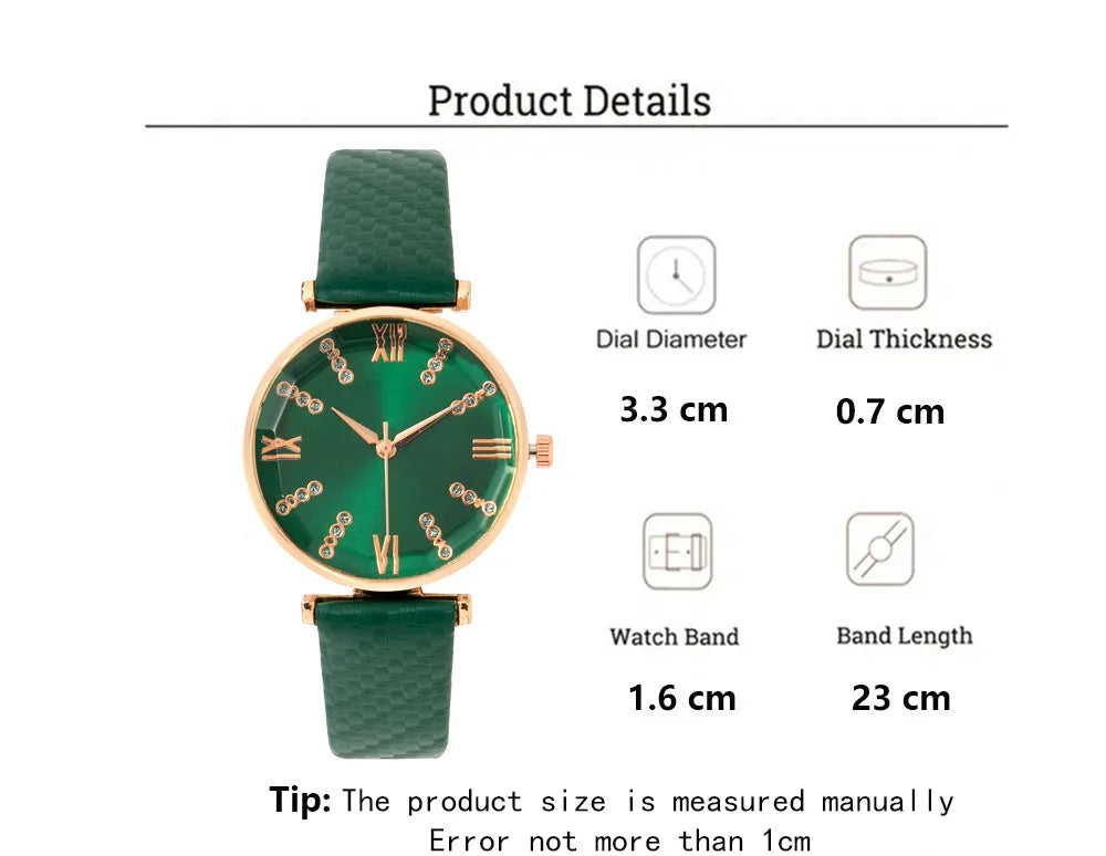 Luxury Ladies Brand Diamond Roman Design Lady Watches Dress Quartz Watch Fashion Green Leather Strap Women Wristwatches