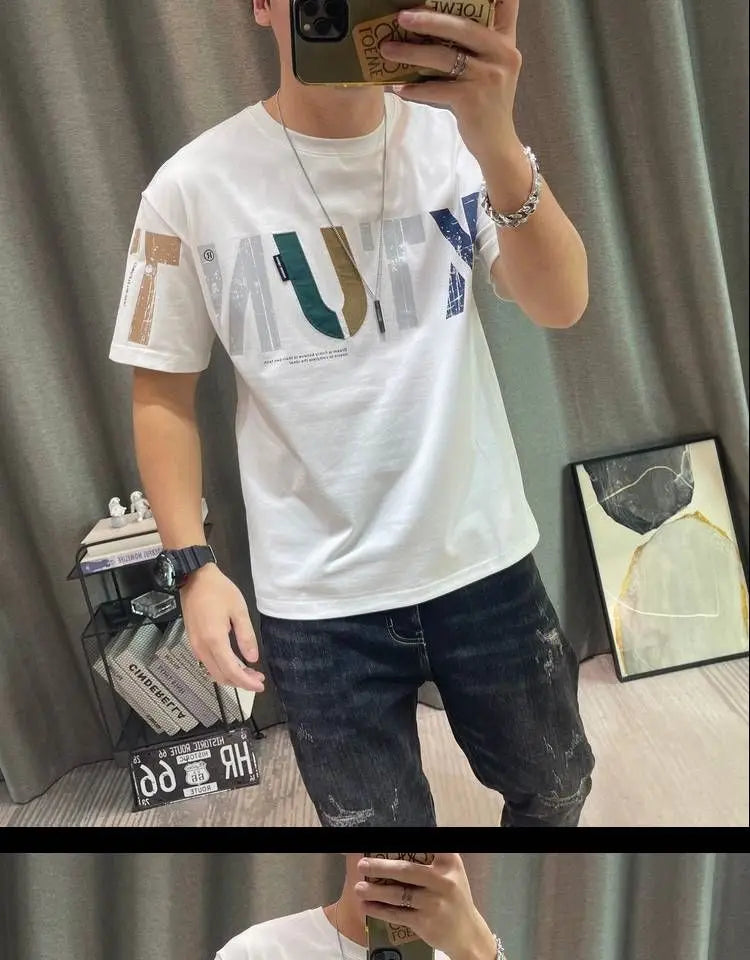 2023 Summer New Fashion Street Letter Printing T-Shirts Man Korean Style Round Neck Short Sleeve Loose Casual Cotton Pullovers