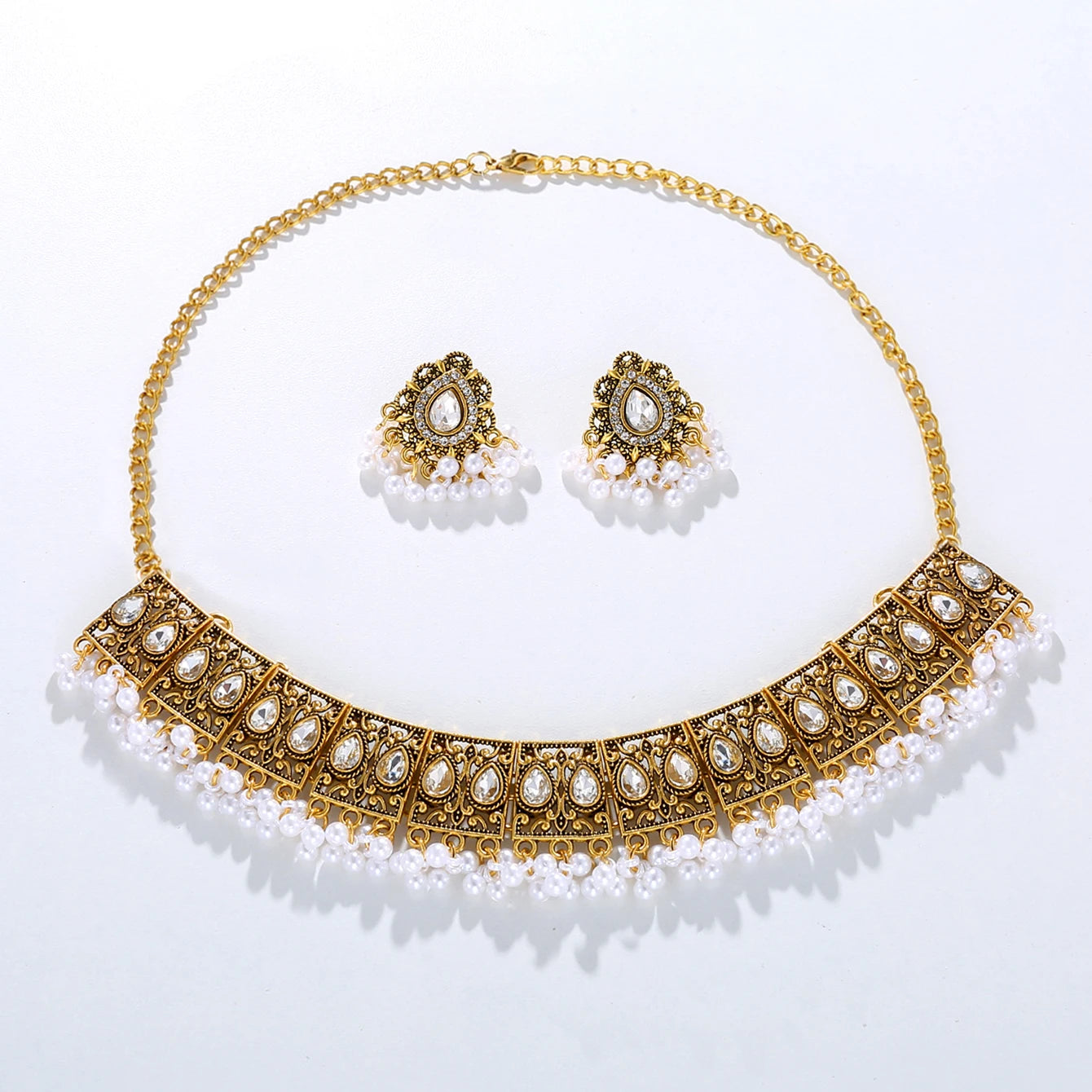 Luxury Vintage Indian Jewelry Set Antique Gold Plated Crystal Zircon Necklace Earrings Sets Ethnic Bridal Wedding Bijoux Gifts