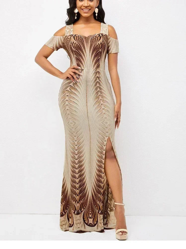 Maxi Dresses Elegant Flower Party Dress Off the Shoulder Short Sleeve Slit Maxi Long Dresses for Women