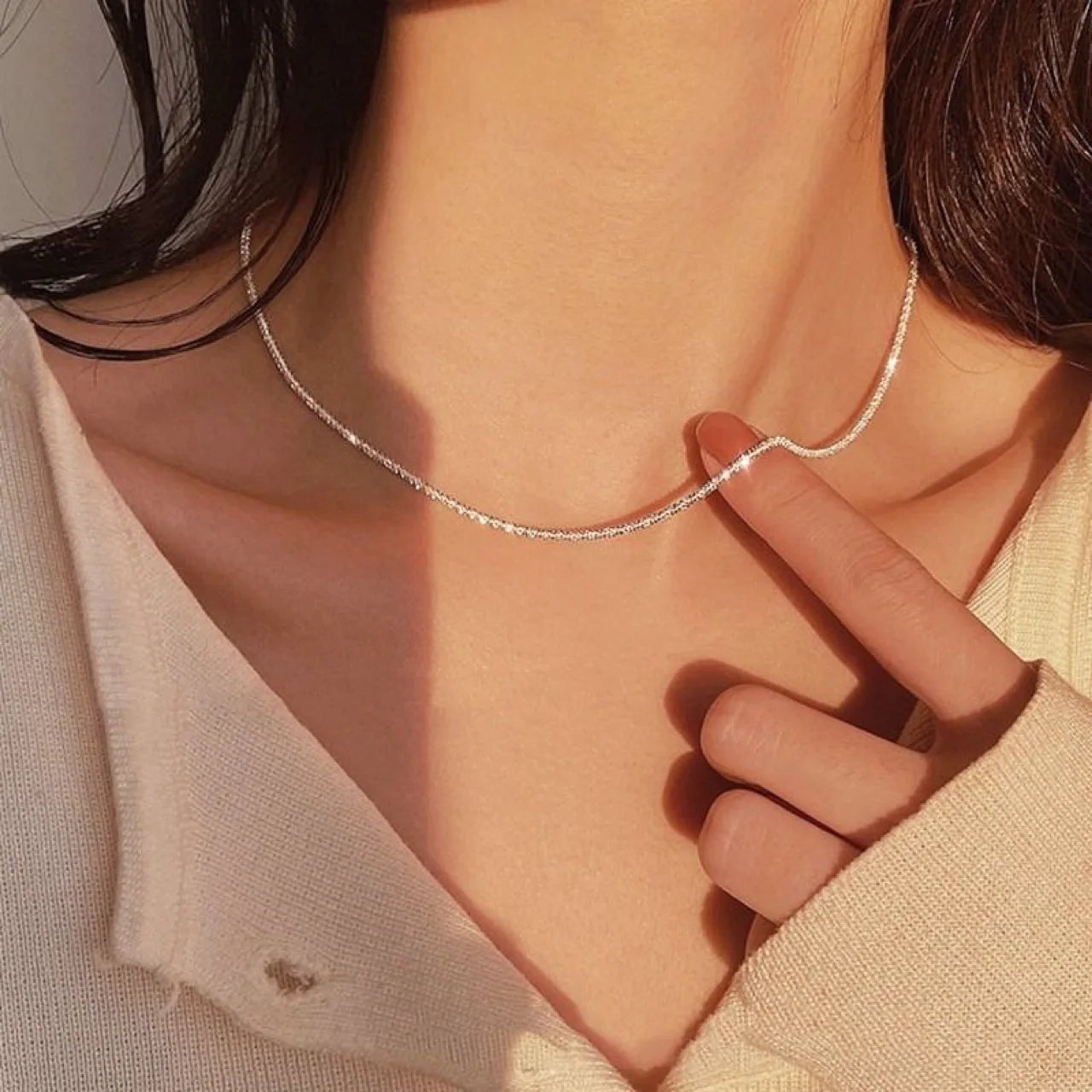 Set of Shiny Silver Plated Collarbone Chain Necklace Bracelet Jewelry, Women's Minimalist Starry Sky Accessories