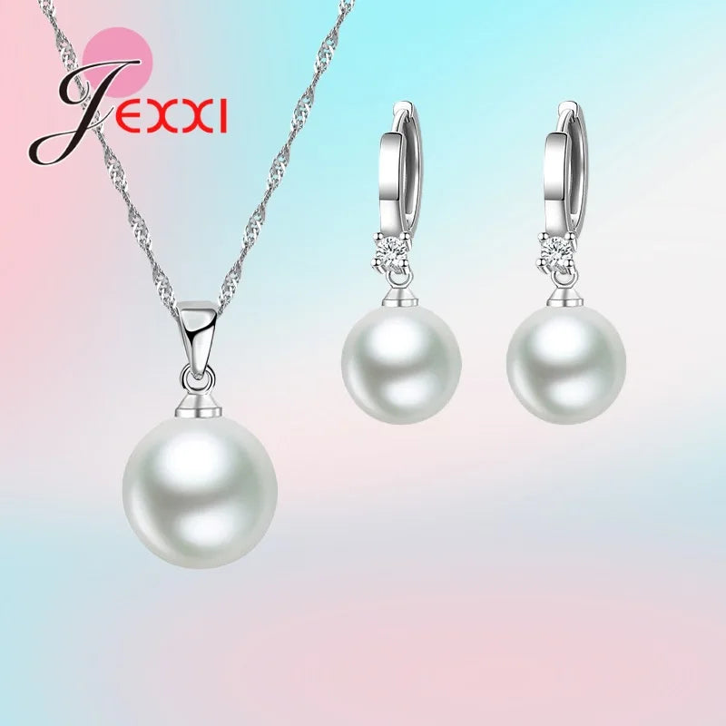 925 Sterling Silver Jewelry Set Earring Necklace Exquisite Polished Pearls Ornaments for Woman Wedding Accessories