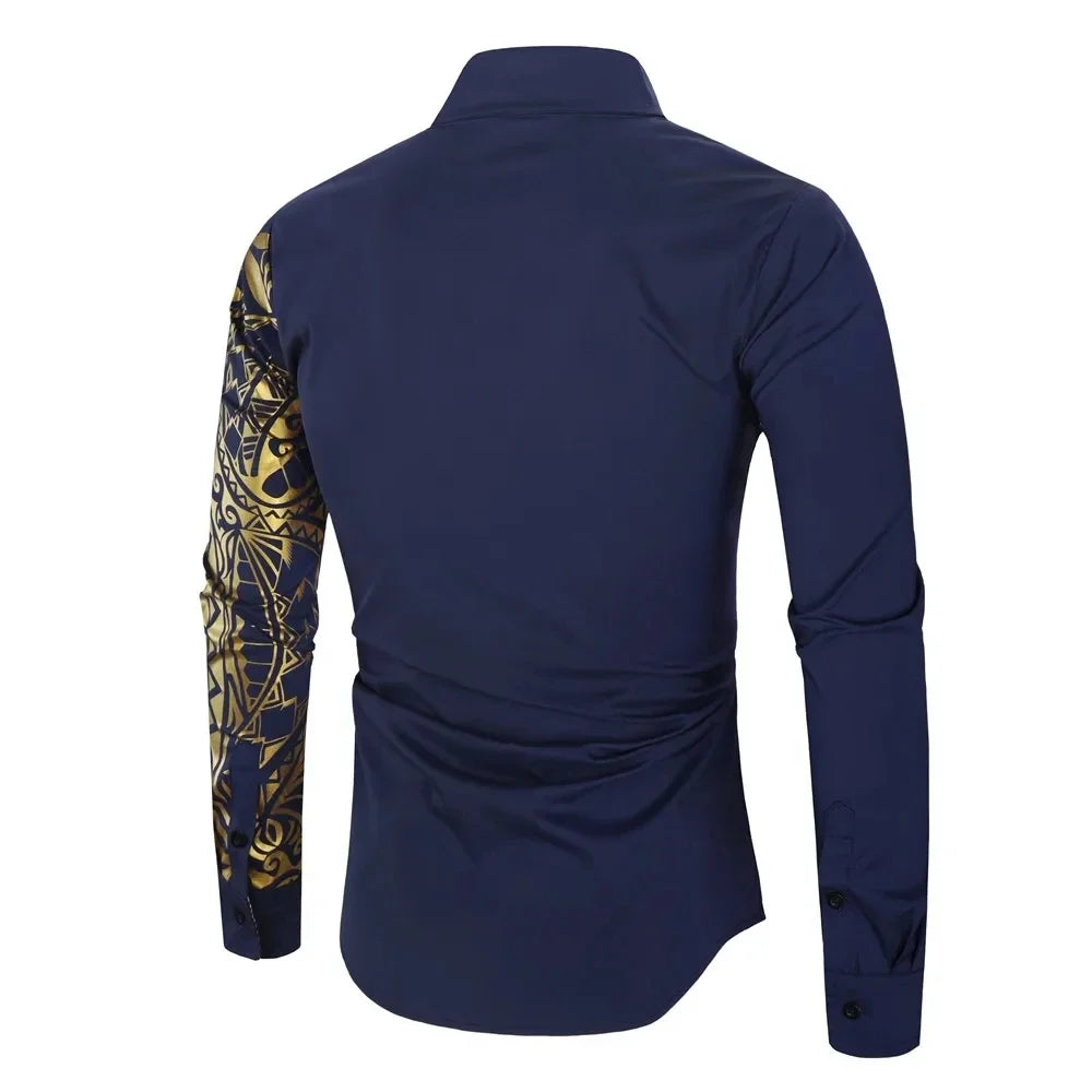 Autumn Men's Red Long-sleeved Shirt with Gold Print Decoration, Asian Size/ Loose Fit White Shirts, Available in Black and Blue.
